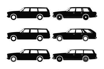 Classic Wagon Silhouette: a collection of vintage station wagons captured in sleek, minimalist black silhouettes, showcasing the timeless design of a classic car.