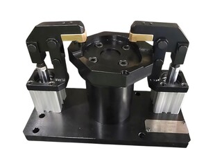 Industrial pneumatic clamp jig with hexagonal component fixture and silver metal plate