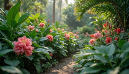 Garden pathway lined with vibrant pink dahlias in lush tropical setting
