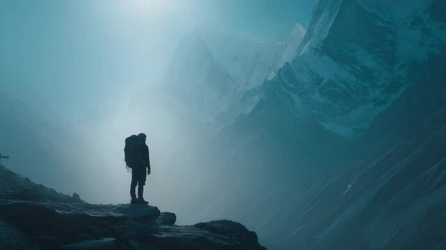 Adventurer contemplating vast mountain range shrouded in mist, a journey of self-discovery