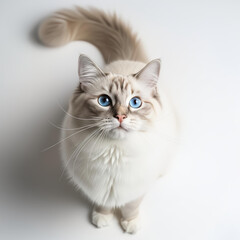 Beautiful ragdoll cat with striking blue eyes looking up attentively