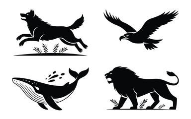 Set of Diverse Animal Silhouette Icons Vector Illustration - Modern Wildlife and Nature Collection for Forest, Ocean, and Dynamic Design Elements