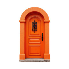 Obraz premium Vibrant Orange Arched Doorway with Intricate Black Metal Handle and Vintage Decoration on Clean White Background