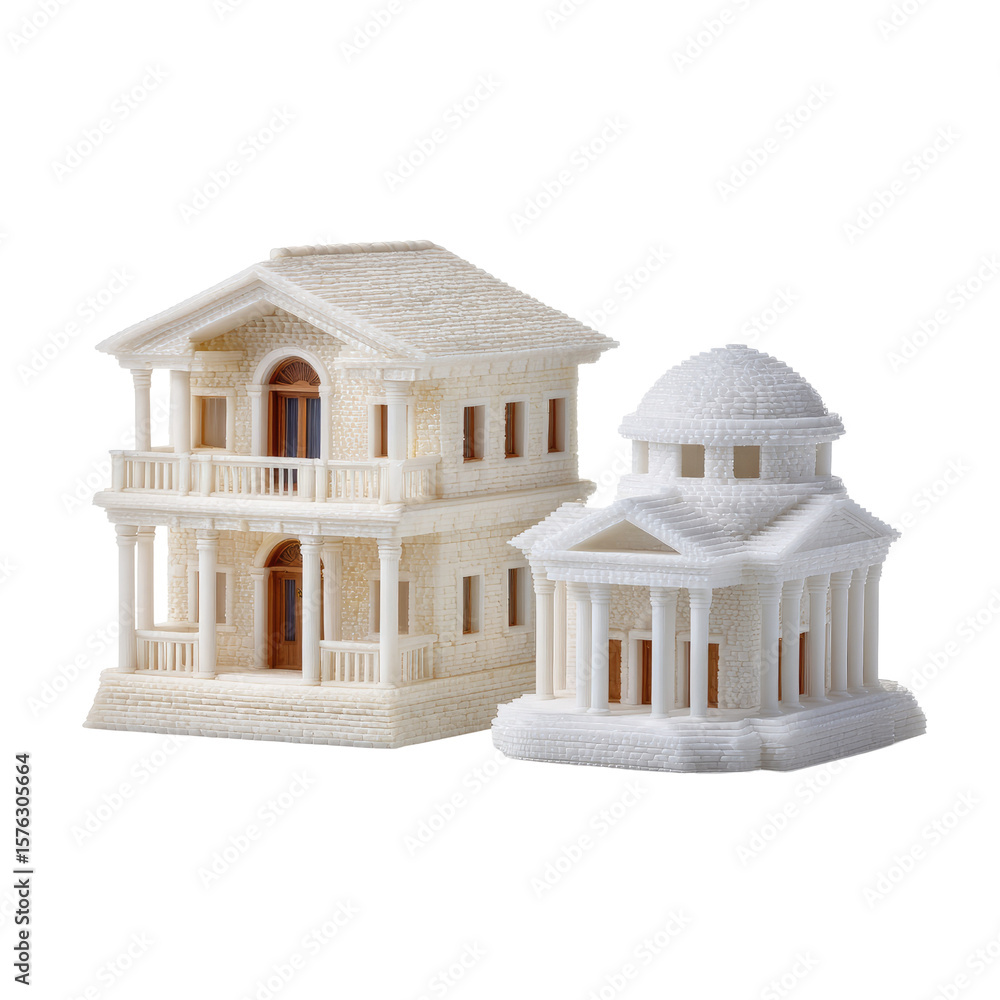 Aufkleber detailed architectural models of two distinct houses crafted from building blocks in various designs