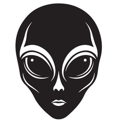 Monochrome alien head illustration with large eyes and smooth skin, perfect for sci-fi themes