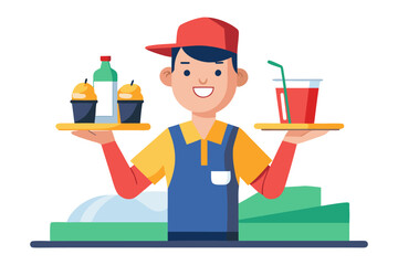The Smiling Server: Illustration of a server balances trays, one with desserts and drinks, conveying service with smile and delightful beverages in the heart of hospitality.