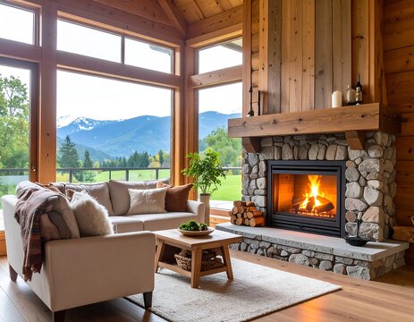 Cozy log cabin living room with fireplace