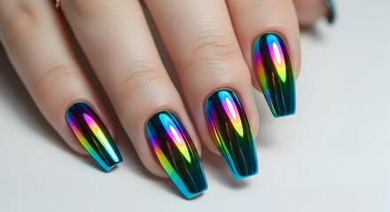 Close up of a hand with rainbow chrome nails on a white surface showing nail art and manicure design