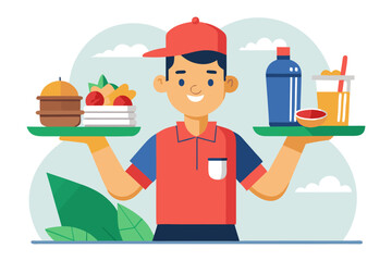 Food Delivery Illustration: A friendly delivery person, depicted in a vibrant vector illustration, balances trays of food and drinks, promising a swift and delicious meal.