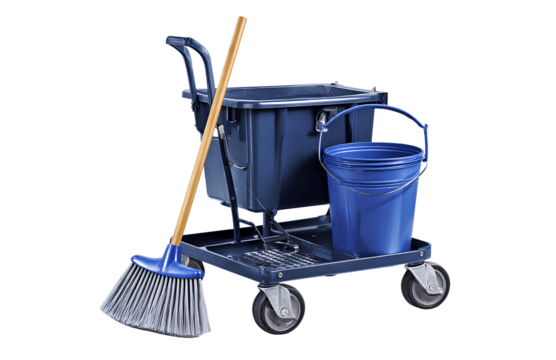   Cleaning Trolley Set with Bucket and Broom, Dark Blue, Transparent PNG