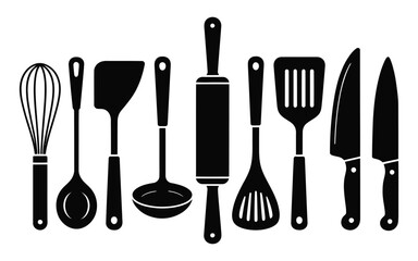 Set of Diverse Kitchen Utensil Silhouette Icons Vector Illustration - Modern Cooking Tools Collection for Culinary, Home, and Food Preparation Design Elements