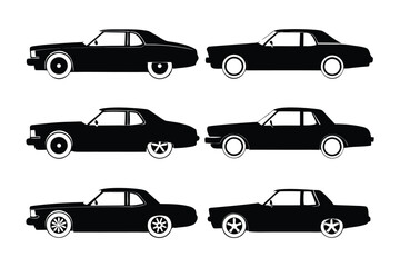 Classic Car Collection Silhouette: A collection of classic cars, captured in sleek black silhouette against a neutral backdrop, embodying timeless elegance and vintage automotive design. 