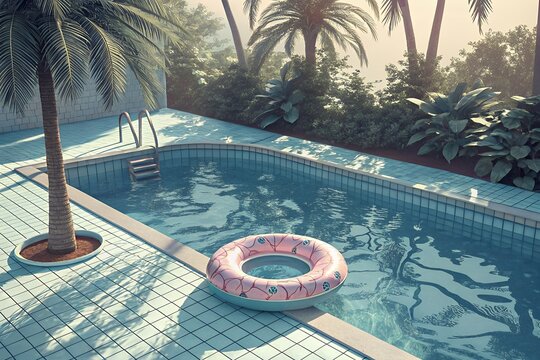 Tropical oasis swimming pool with palm trees and inflatable ring
