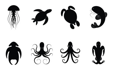 Set of Diverse Marine Animal Silhouette Icons Vector Illustration - Modern Ocean Wildlife Collection for Underwater, Nature, and Aquatic Design Elements