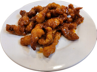 fried pork with garlic and sweet sauce isolate on white background 