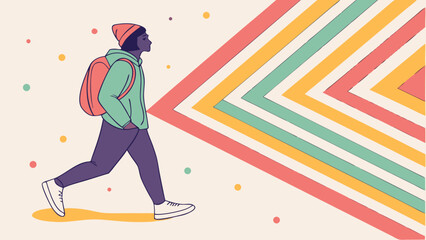 Illustration of a young traveler with backpack walking in front of colorful geometric background design