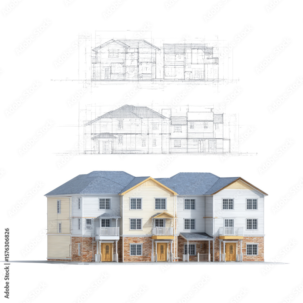 Aufkleber detailed architectural design of a modern multi-unit residential building with blueprint sketches ab