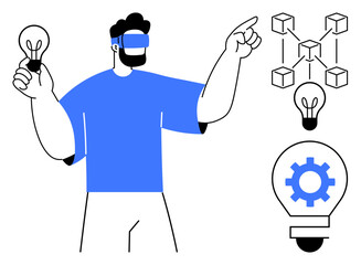 Character wearing AR headset analyzing blockchain connections while holding a glowing bulb. Large gear bulb shows innovation. Ideal for technology, creativity, innovation, blockchain, future, virtual