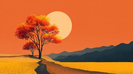 Colorful autumn landscape with a golden field, winding path, and trees with vibrant orange leaves under a large rising or setting sun, against a backdrop of mountain silhouettes