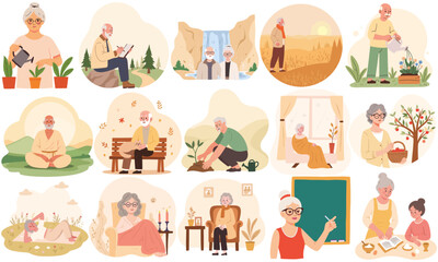 Senior Lifestyle in 15 Illustrations &ndash; Nature, Home, Connection. Elderly Activities and Emotions &ndash; Seniors in Daily Life Scenes. Life Moments of Elderly People. Elderly set