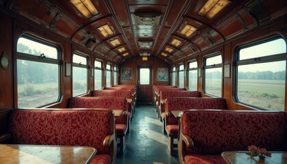 Fototapeta premium Vintage train interior with wooden seats atmospheric lighting