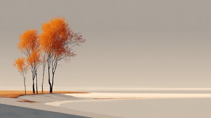 Elegant minimalist landscape with four trees with vibrant orange autumn leaves standing on the shore of a calm body of water, emphasizing tranquility and artistic simplicity