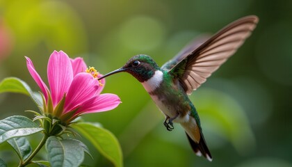 Fototapeta premium Hummingbird feeding on vibrant pink flower in nature