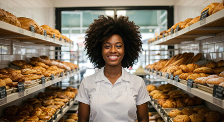 young smiling african american woman in apron standing in bakery with shelves of pastries. cozy store, small business owner, cafe, website poster