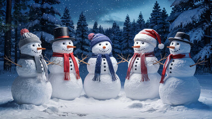 Five friendly snowmen dressed in winter hats and scarves stand together in a snowy forest during a gentle snowfall