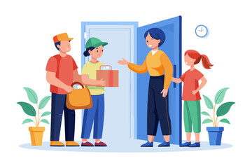 Doorstep Delivery: A cheerful scene unfolds as a delivery person hands a package to a customer at their doorstep, with the recipient's family eagerly welcoming the service.