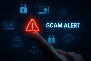 scam alert, online scam warning, digital fraud, cybersecurity alert, touch interface, scam detection, fraud prevention, warning icon, person interacting with screen, blue digital background, internet 