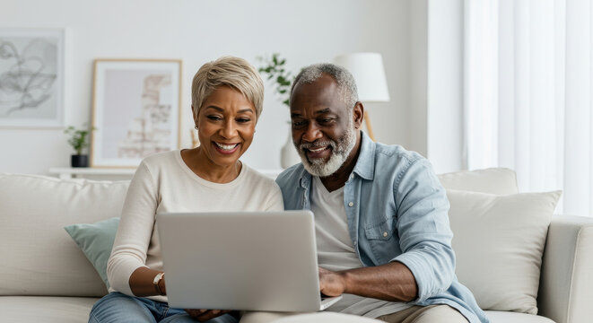 old african american couple sitting on sofa happily using laptop in living room. cozy home, technology, relaxation, online shopping, remote work. sales and discounts. senior activity, active lifestyle