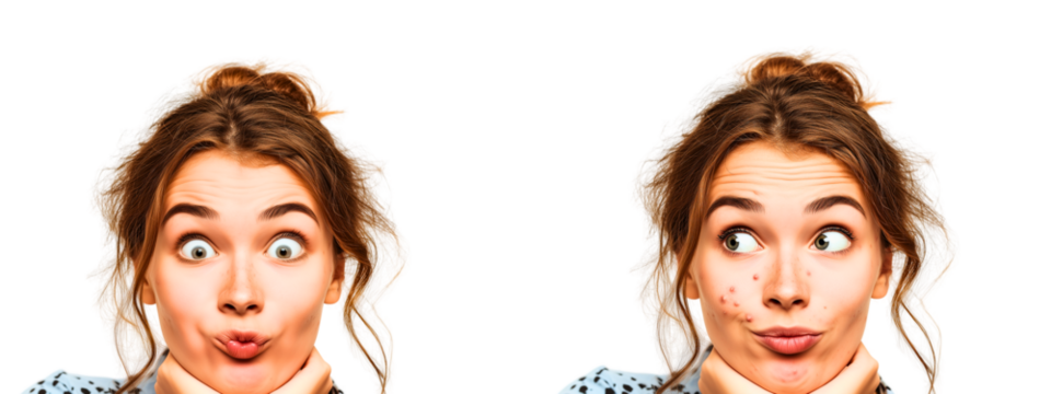 two portraits of young brunette woman touching her face with scared & amazed face expression; pimples on one of the portraits; girl isolated over white (transparent) background