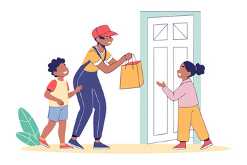 Delivery to doorstep: A delivery person hands a package to children in front of a door, depicting the ease of modern life.