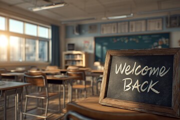 Nostalgic classroom with vintage wooden desks and chairs, a chalkboard with "Welcome Back" written in chalk, illuminated by warm sunlight streaming through a large window