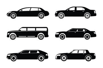 Diverse Automotive Silhouettes: A collection of stylish car silhouettes, including sleek sedans and a distinguished hearse, presented in stark black and white.