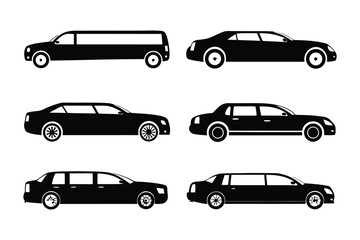 Fleet of Luxurious Vehicles: Sleek silhouettes of elegant automobiles, including a limousine, convey sophistication and class. Featuring various car types, it's ideal for transport and travel themes.