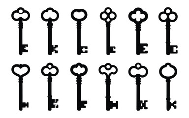 Set of Diverse Vintage Key Silhouette Icons Vector Illustration - Modern Security and Unlock Collection for Mystery, Access, and Decorative Design Elements
