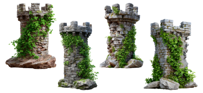 Set of four ancient stone castle towers covered in green ivy and moss