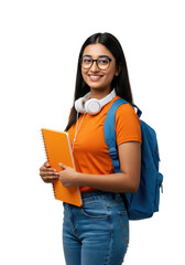 Young indian woman, early 20s, long dark hair, modern glasses, orange t-shirt, blue jeans, and blue backpack, holding an orange notebook, smiling confidently against a transparent studio background