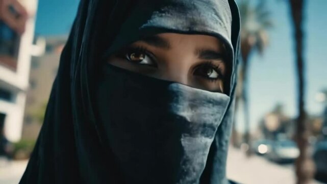 A woman dressed in a black niqab gazes intently, with her expressive eyes framed by a sunny urban backdrop.