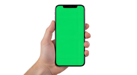 Hand holding a smartphone with a green screen display, isolated on a white background.