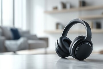 A pair of headphones sits on a table in a living room
