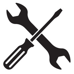 Wrench and screwdriver crossed, black and white tool icon, vector illustration