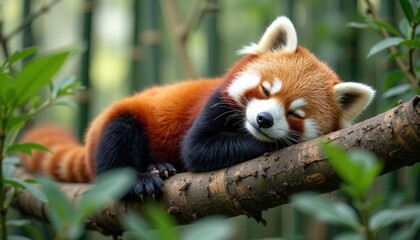 Sleeping red panda on tree branch in lush environment