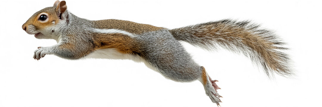 Grey Squirrel in Mid-Air Leap Against a Plain White Background
