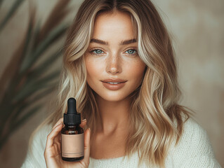 A woman with blonde, flowing hair holds a skincare serum bottle in a well-lit indoor space.