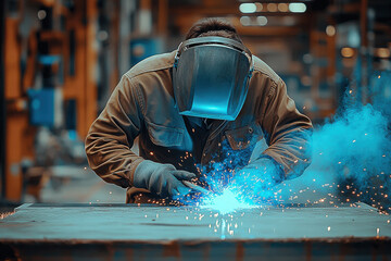 A skilled worker is focused on welding in a busy industrial workshop, with bright blue sparks illuminating the area amidst a backdrop of machinery and equipment