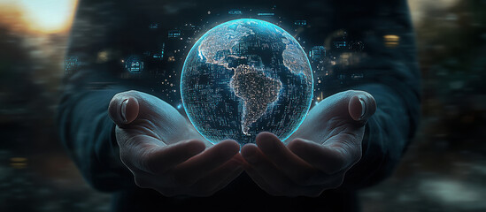 A person cradles a glowing digital globe showcasing the Americas, illuminated by data streams