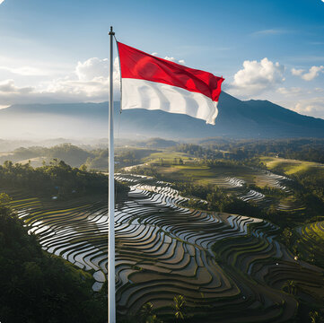 Indonesian Flag Over Terraced Rice Fields at Sunrise
